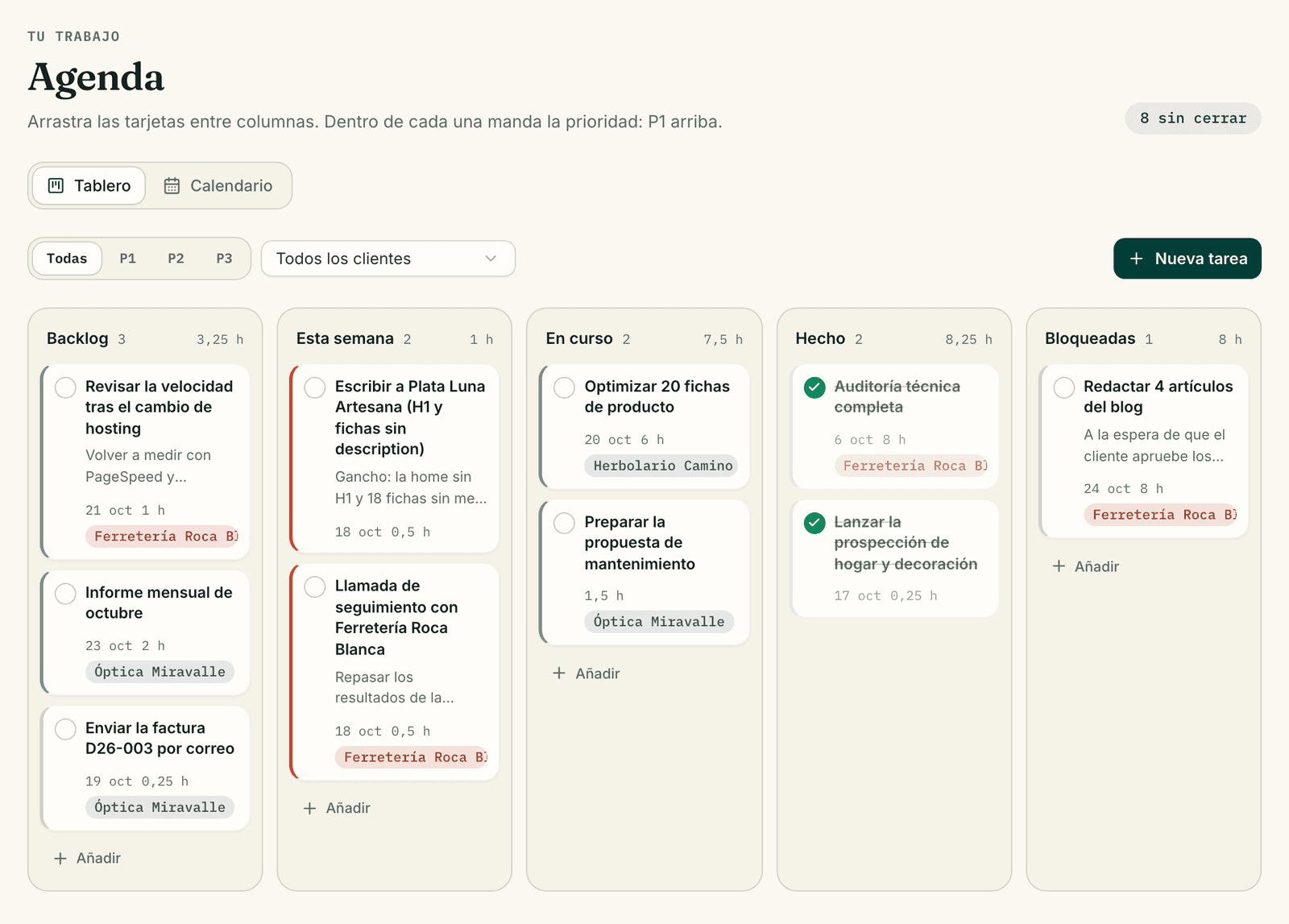 Tablero de tareas por cliente en Escarba