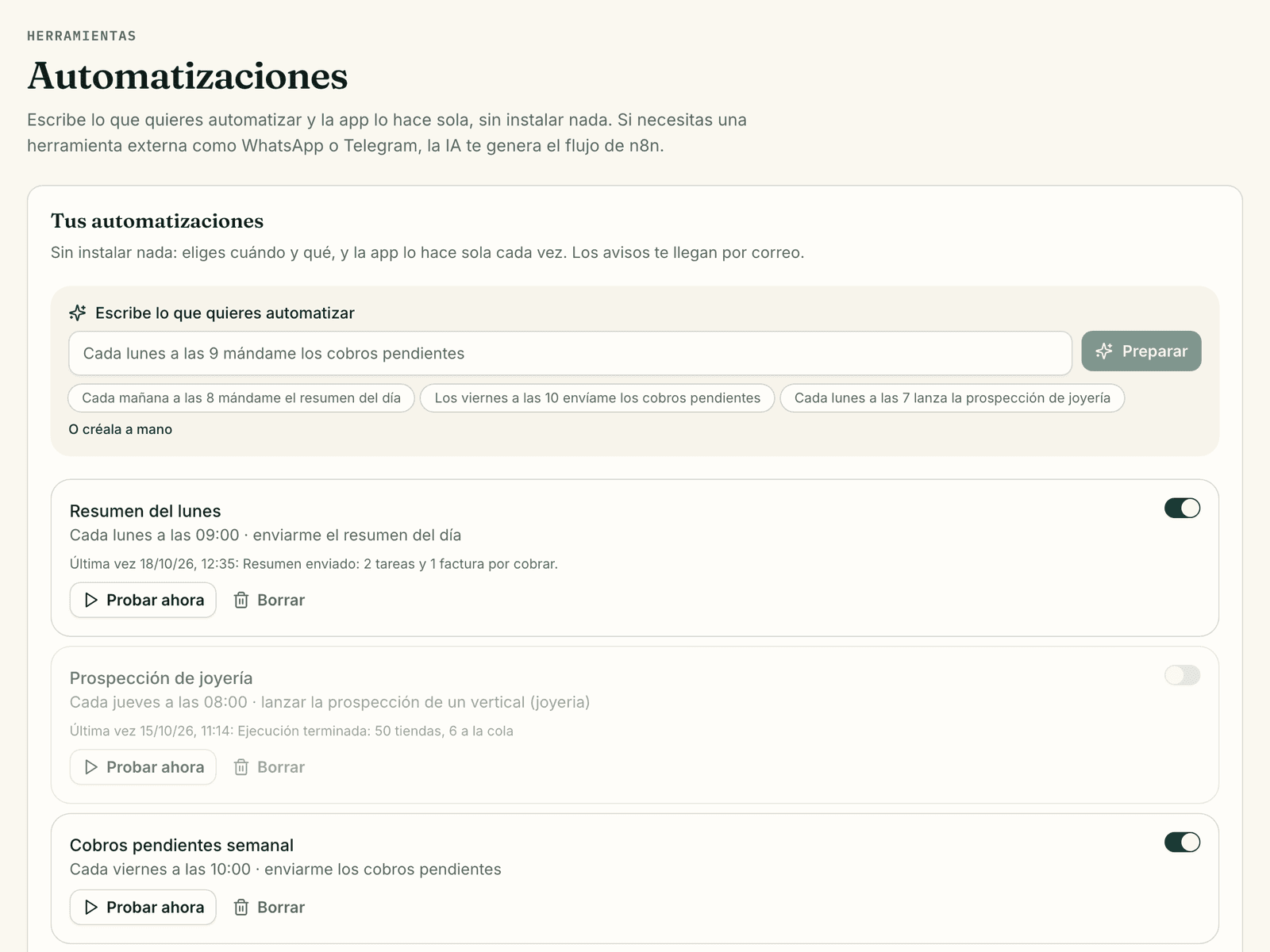 Automatizaciones de Escarba: escribir lo que quieres automatizar, revisar la regla y generar un flujo de n8n con IA