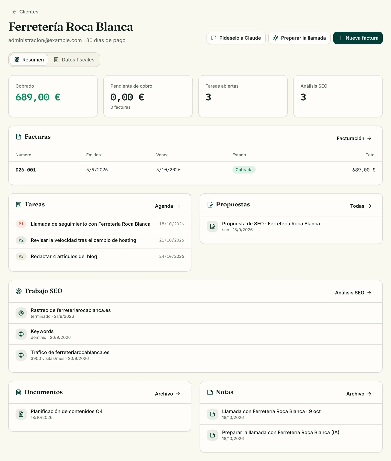 Ficha de un cliente de demostración en Escarba: cobrado, tareas, propuestas, rastreo, keywords, tráfico, documentos y notas